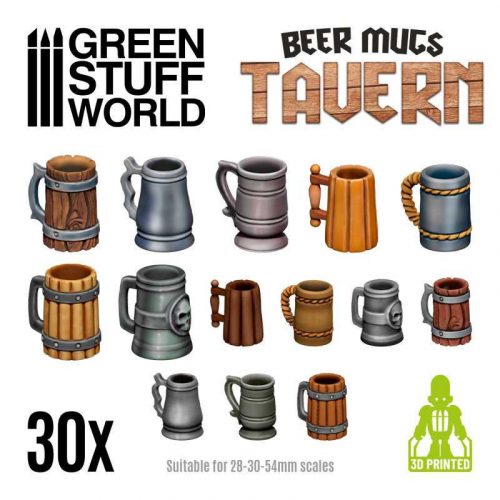 Green Stuff World - 3D Printed set - Beer Mugs - Tavern - 30 pcs