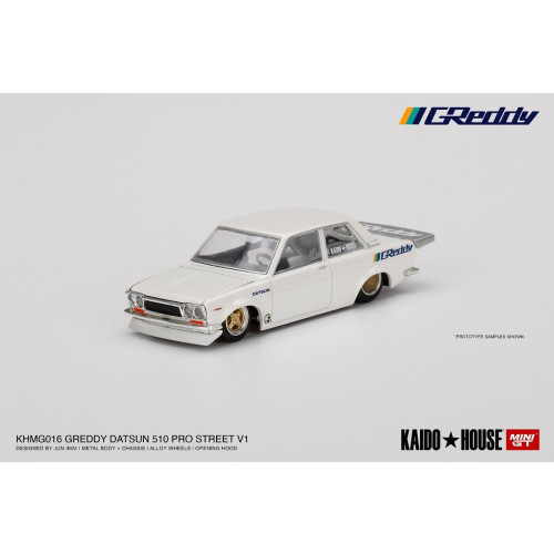 Minigt - 1:64 Datsun Kaido House 510 Pro Street Greddy, Pearl White, 1972 - Mini Gt